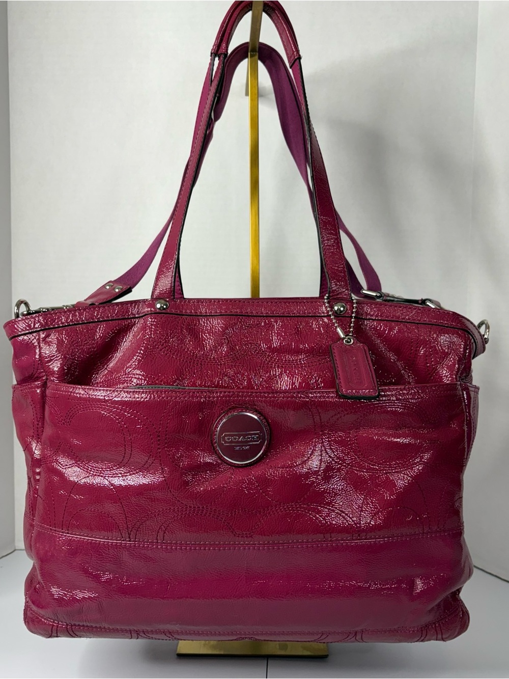 Y2K Coach Fuchsia Patent Leather Diaper Bag Detachable Long Strap & Changing Pad - Picture 1 of 16